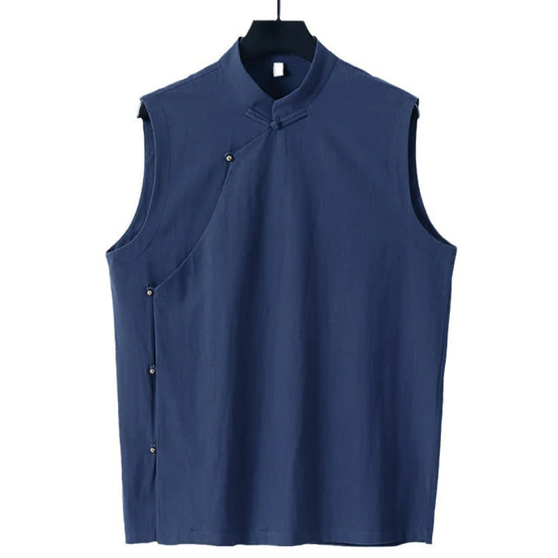 Buddha Stones Summer Solid Color Stand Collar Frog-Button Men's Cotton Linen Sleeveless Vest