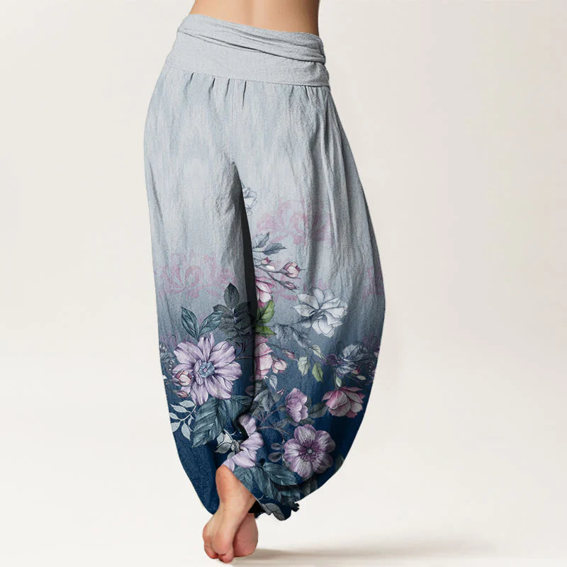 Buddha Stones Cotton Casual Gradient Petals Leaves Pattern Women's Elastic Waist Harem Pants