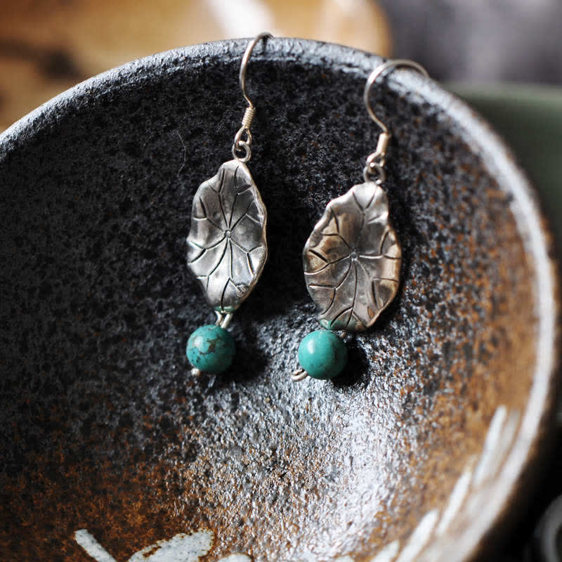 Buddha Stones 925 Sterling Silver Turquoise Lotus Leaf Protection Drop Dangle Earrings