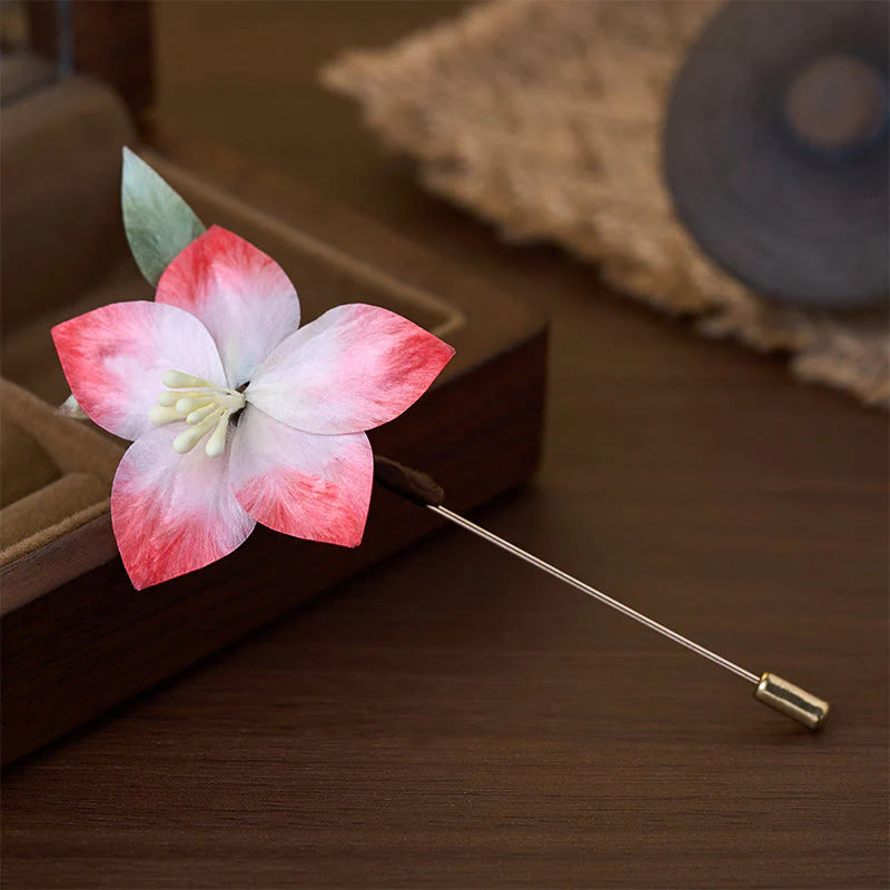 Buddha Stones Handcrafted Silk Art Velvet Flower Red Five-Petal Flower Brooch