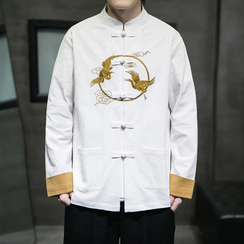 Buddha Stones Embroidery Cranes Pattern Frog-Button Men's Cotton Long Sleeve Jacket With Pockets