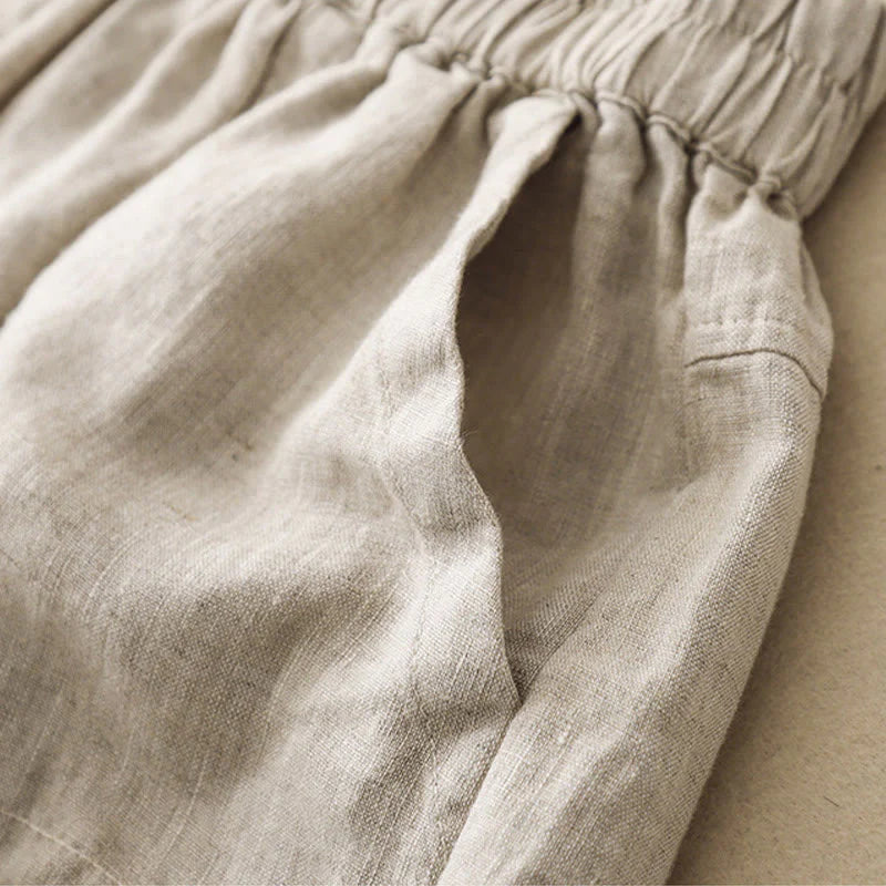 Buddha Stones Summer Casual Plain Cotton Linen Women's Elasti Straight Shorts With Pockets