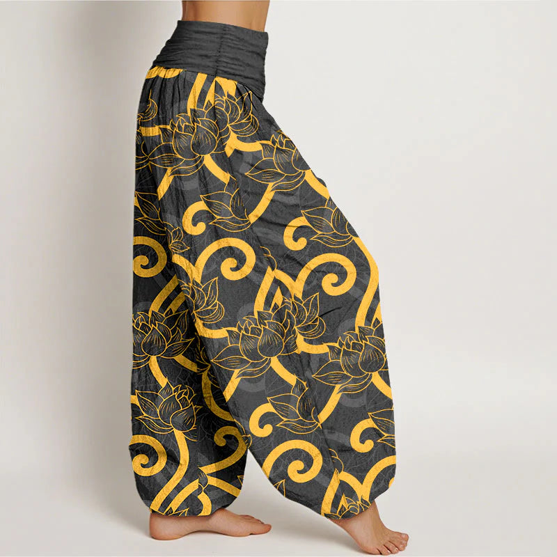 Buddha Stones Pure Cotton Elegant Gorgeous Lotus Scroll Pattern Women's Elastic Waist Harem Pants