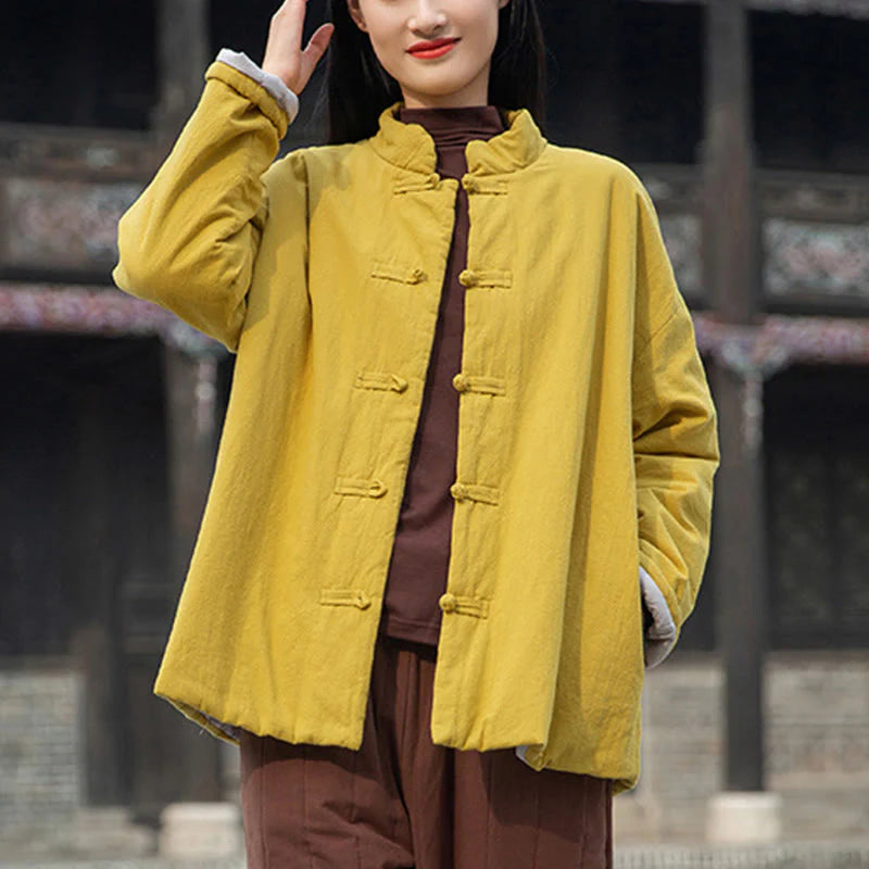 Buddha Stones Winter Solid Frog-Button Long Sleeve Cotton Women's Thermal Jacket With Pockets