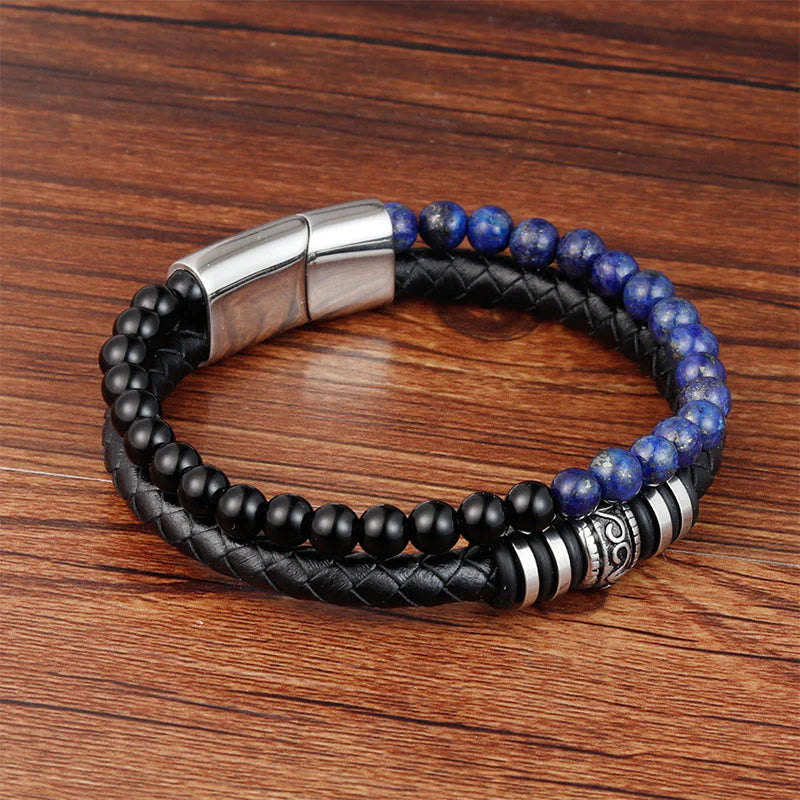 Buddha Stones Black Onyx Lazurite Lapis Lazuli Titanium Steel Fortune Calm Leather Bracelet