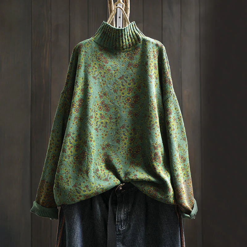 Buddha Stones Women's Knitted Floral Cotton Ribbed Hem Long Sleeve Mock Neck Sweater