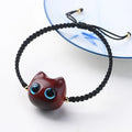 Buddha Stones Small Leaf Red Sandalwood Ebony Wood Cute Cat Head Calm Protection Braided Bracelet