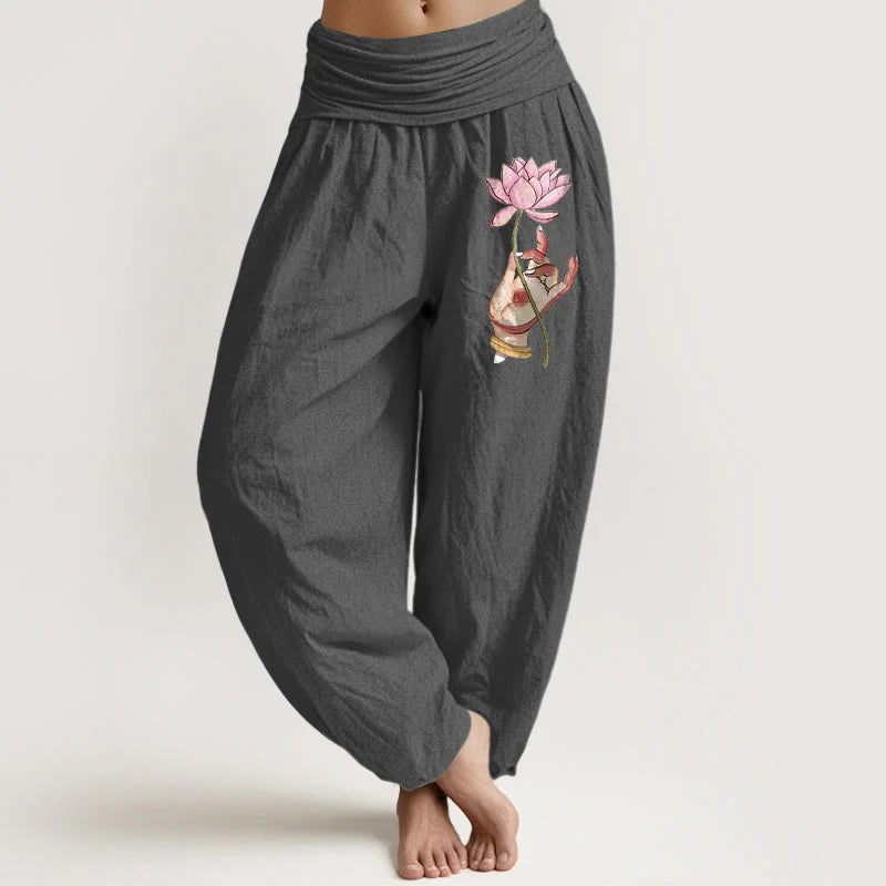 Buddha Stones Hand Holding Delicate Lotus Pattern Women's Elastic Waist Harem Cotton Pants