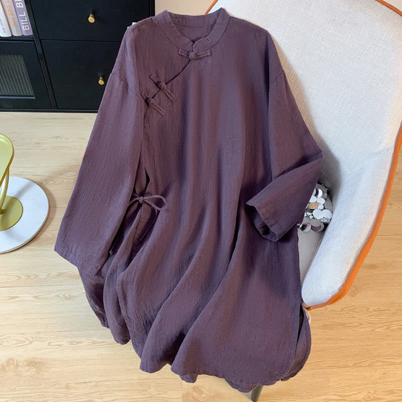 Buddha Stones Casual Women's Plain Frog-Button Stand Collar Design Long Sleeve Shirt