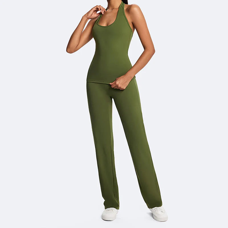 Buddha Stones Solid Crop Halter Backless Sleeveless Top Straight Leg Pants For Sports Fitness Yoga