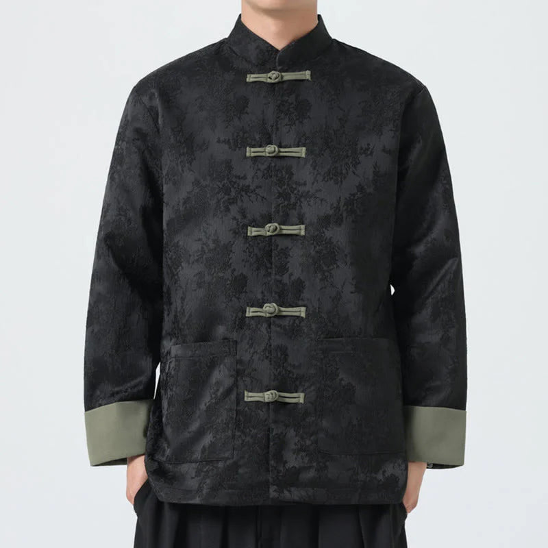 Buddha Stones Jacquard Frog-Button Long Sleeve Men's Cotton Jacket Tang Suit With Pockets