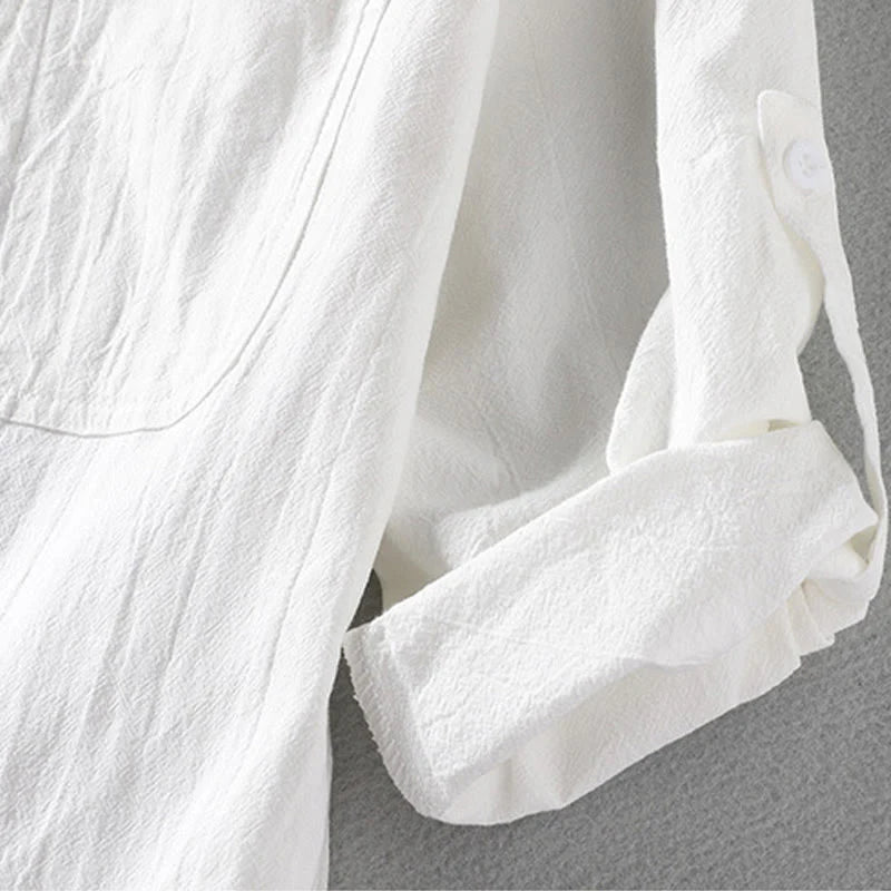 Buddha Stones Summer Solid Men's Buttons Half Sleeve Cotton Linen Shirt