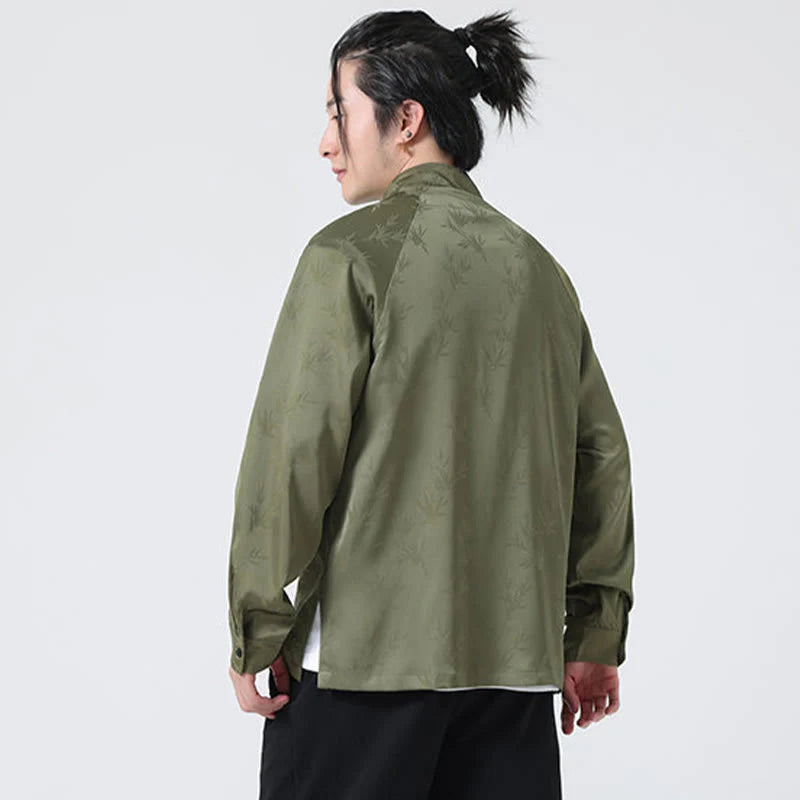 Buddha Stones Spring Jacquard Bamboo Leaves Pattern Chinese Frog-Button Design Men's Long Sleeve Shirt