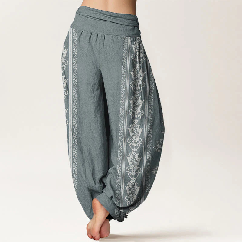 Buddha Stones Pure Cotton Lotus Flowers Double Dorje Vajra Namaste Om Design Women's Elastic Waist Harem Pants