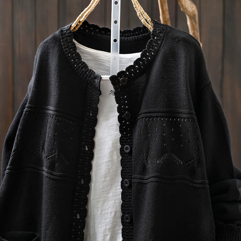 Buddha Stones Fall Lace Buttons Cotton Women's Long Sleeve Knitted Cardigan Sweater With Pockets