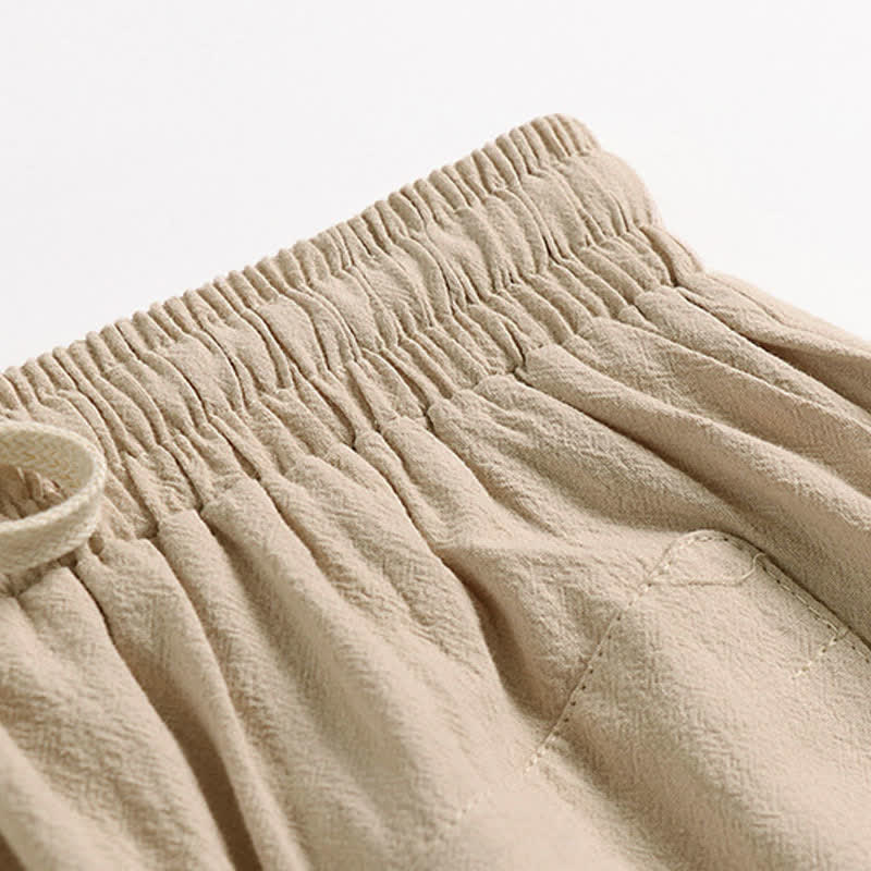Buddha Stones Plain Drop Crotch Design Cotton Linen Men's Harem 7-8 Length Pants
