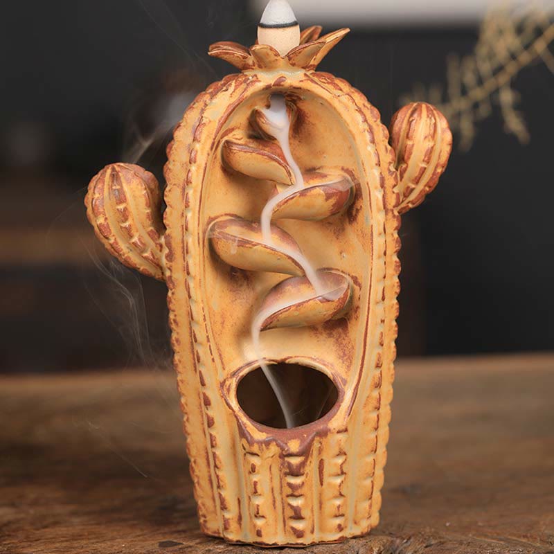 Buddha Stones Cactus Ceramic Healing Backflow Smoke Fountain Incense Burner