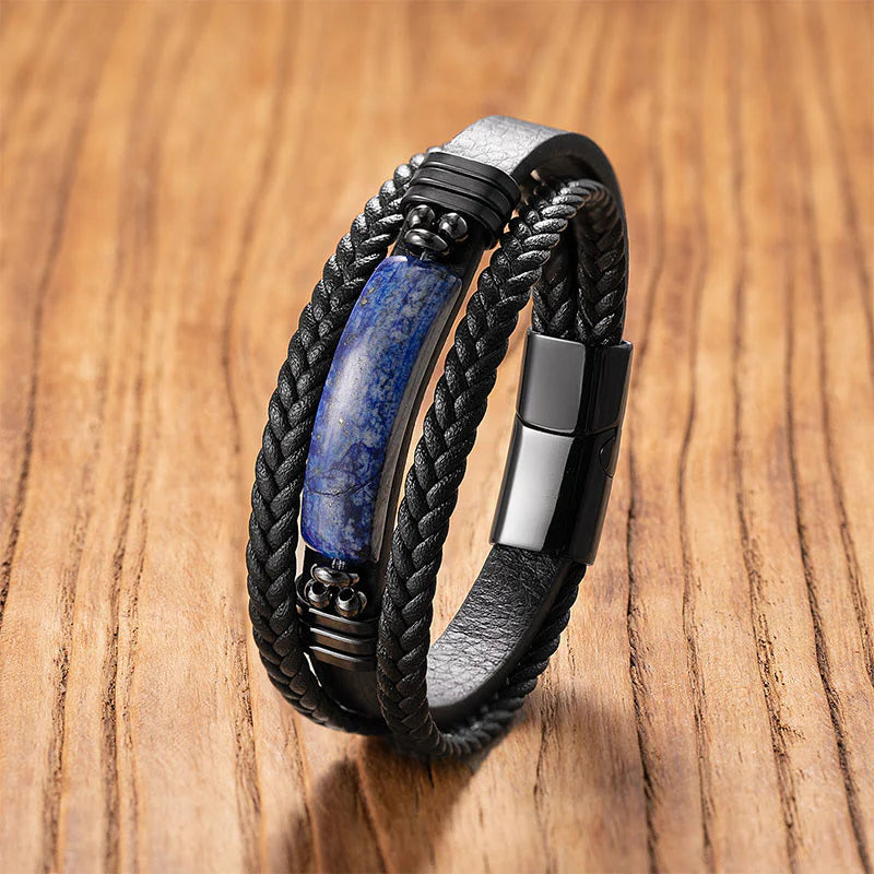 Buddha Stones Hematite Lazurite Lapis Lazuli Black Glitter Stone Pink Crystal Titanium Steel Leather Strengthen Bracelet