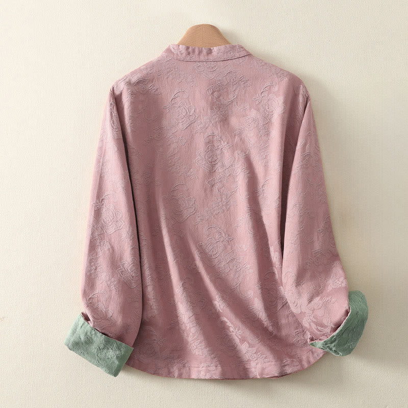 Buddha Stones Jacquard Diagonal Placket Long Sleeve Women's Cotton Linen Buttons Shirt