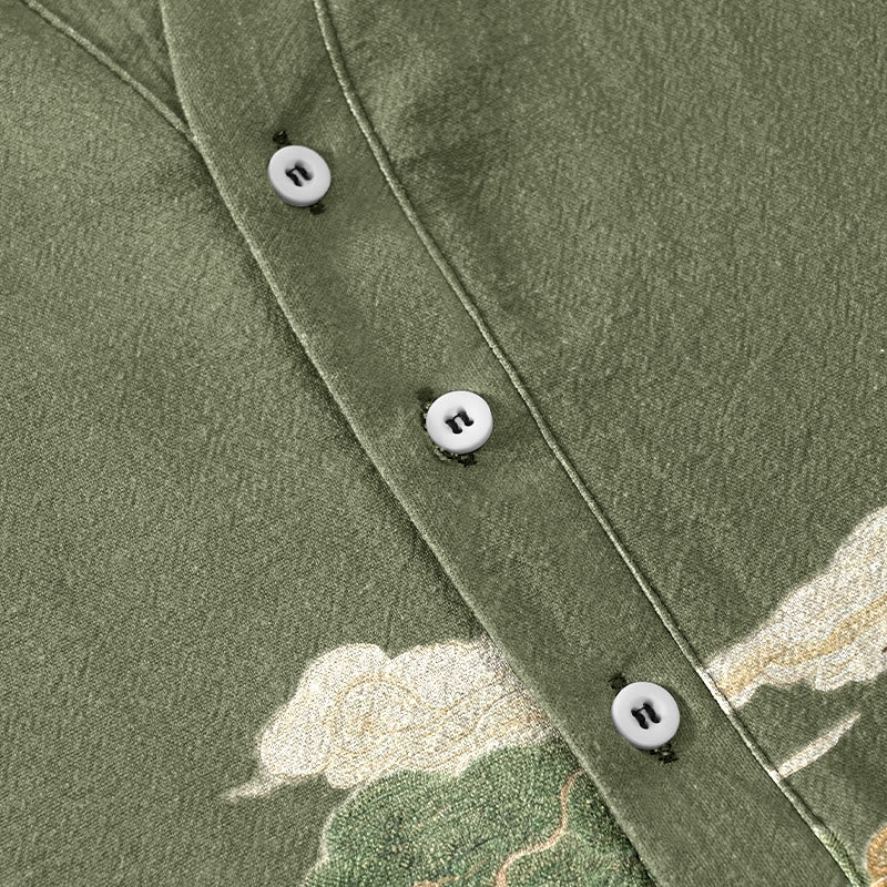 Buddha Stones Cotton Crane Auspicious Clouds Landscapes Pattern Men's Short Sleeve Half Button Shirt