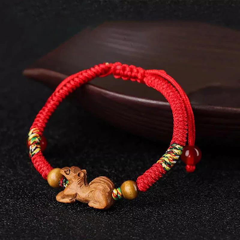 Buddha Stones Handmade Chinese Zodiac Red String Peach Wood Luck Bracelet