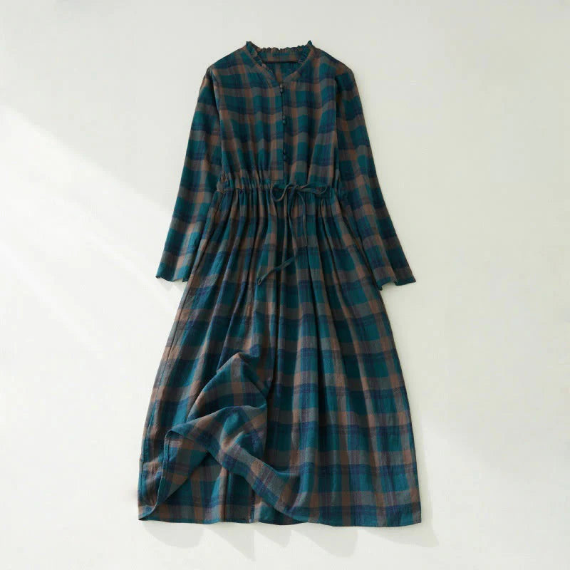 Buddha Stones Plaid Ruffled V-Neck Long Sleeve Drawstring Cotton Linen Midi Dress With Pockets