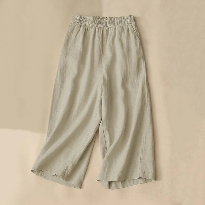 Buddha Stones High Waist Capri Cropped Women's Wide Leg Cotton Pants With Pockets