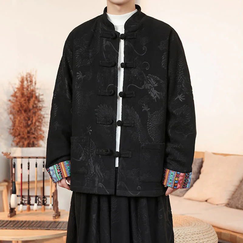 Buddha Stones 2Pcs Fall Winter Men's Tang Suit Dragon Frog-Button Cotton Long Sleeve Jacket Pants Set