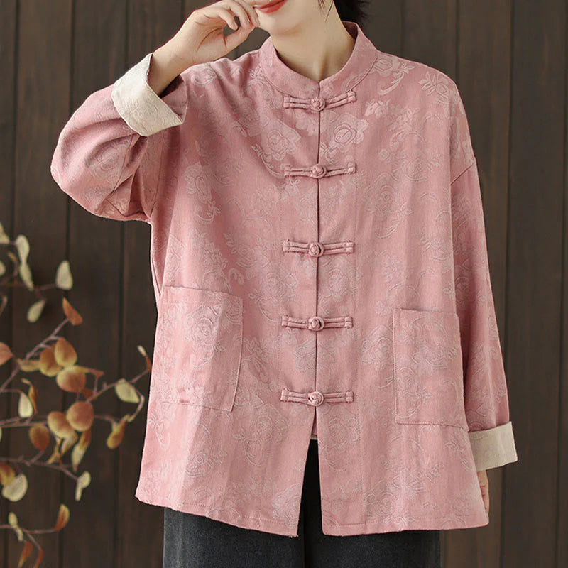 Buddha Stones Fall Floral Print Frog-Button Stand Collar Long Sleeve Women's Cotton Shirt