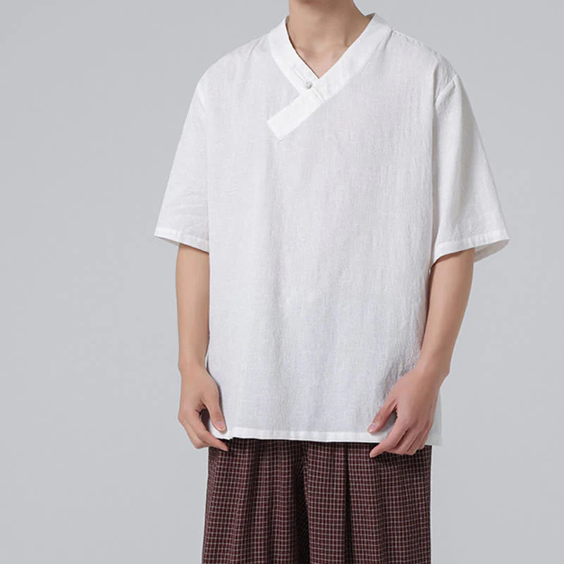 Buddha Stones Ethnic Distressed Jacquard Frog-Button Men's Stand Collar Half Sleeve Cotton Linen Shirt Tai Chi Clothes