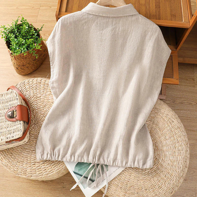Buddha Stones Summer Plain Color Button Short Sleeve Women's Cotton Shirt