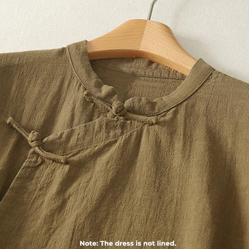 Buddha Stones Vintage Plain Frog Buttons Asymmetrical Design Long Sleeve Cotton Linen Midi Dress
