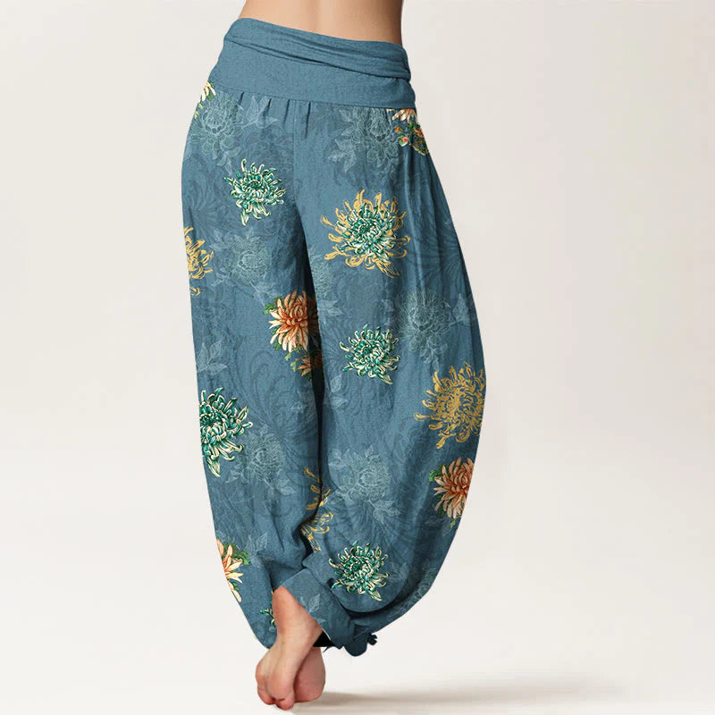Buddha Stones Cotton Various Colors Chrysanthemum Pattern Women's Elastic Waist Harem Pants