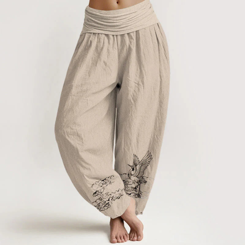 Buddha Stones Crane Flowing Water Pattern Women's Elastic Waist Harem Cotton Pants