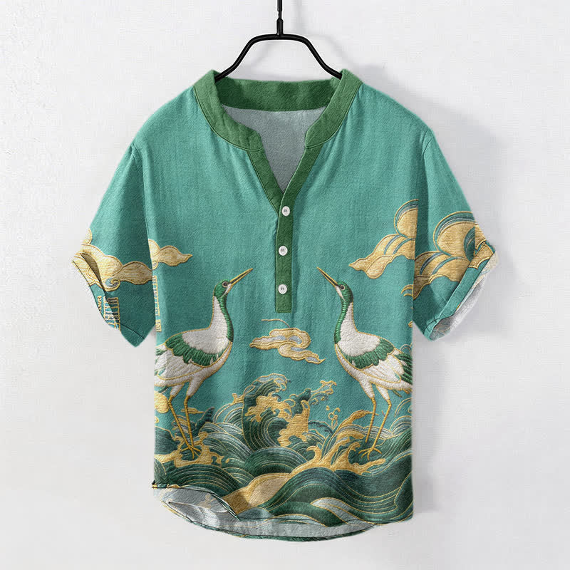 Buddha Stones Cotton Crane Wave Emblem Men's Short Sleeve Half Button Shirt