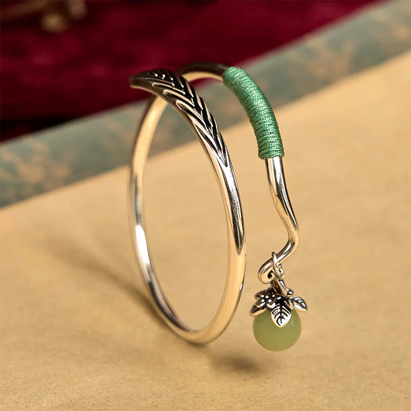 Buddha Stones Copper Alloy Green Bead Charm Luck Cuff Bracelet Bangle