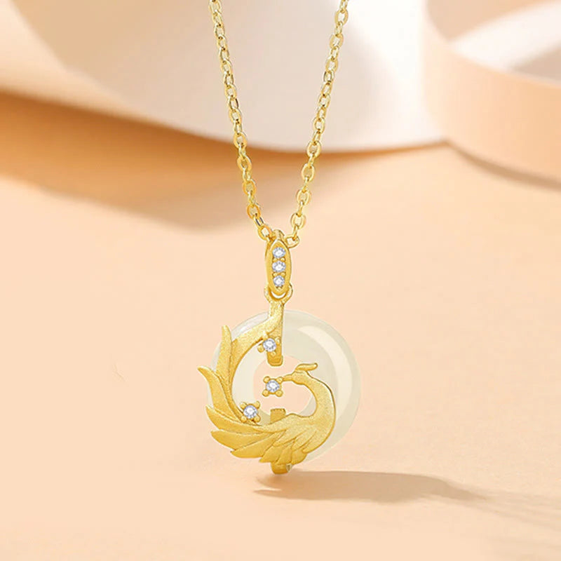 Buddha Stones 925 Sterling Silver Year of the Dragon Hetian Jade Golden Dragon Phoenix Peace Buckle Luck Necklace Pendant