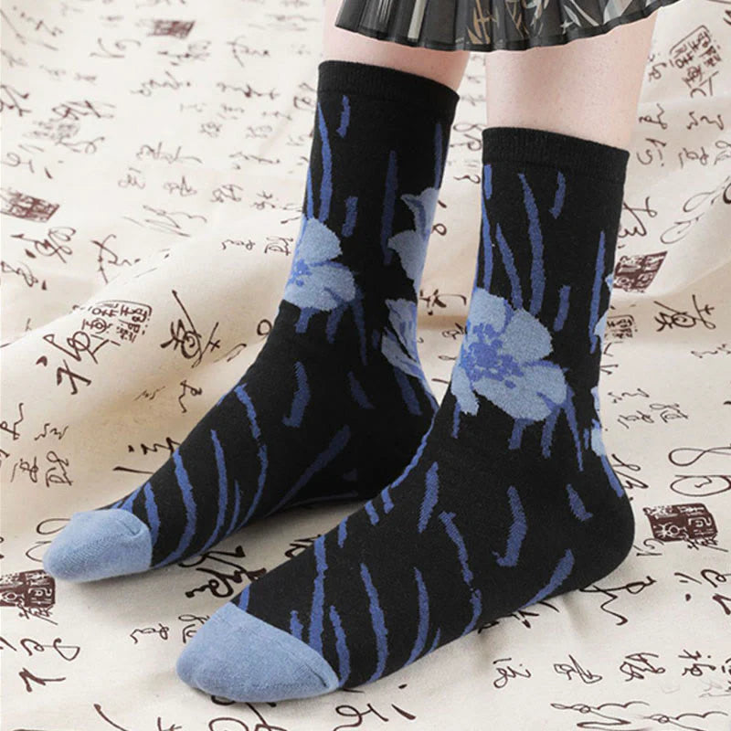 Buddha Stones Chinese Calligraphy Floral Design Micro Crew Women Cotton Socks
