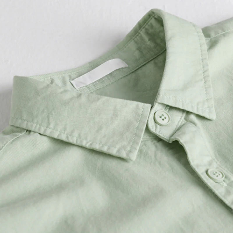 Buddha Stones Spring Solid Buttons Down Decorative Pocket Men's Stand Collar Long Sleeve Cotton Shirt
