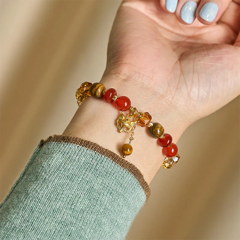 Buddha Stones Red Agate Tiger Eye Fox Charm Calm Beaded Bracelet