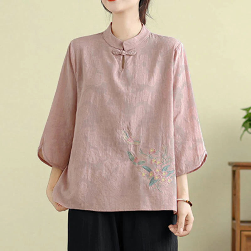 Buddha Stones Flower Embroidery Three Quarter Sleeve One Frog-Button Mandarin Collar Cotton Women's Shirt