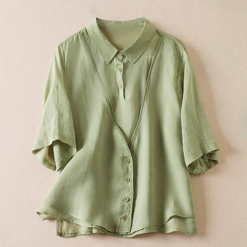 Buddha Stones Retro Plain Fake Two Pieces Button Half Sleeve Design Women's Cotton Linen Shirt