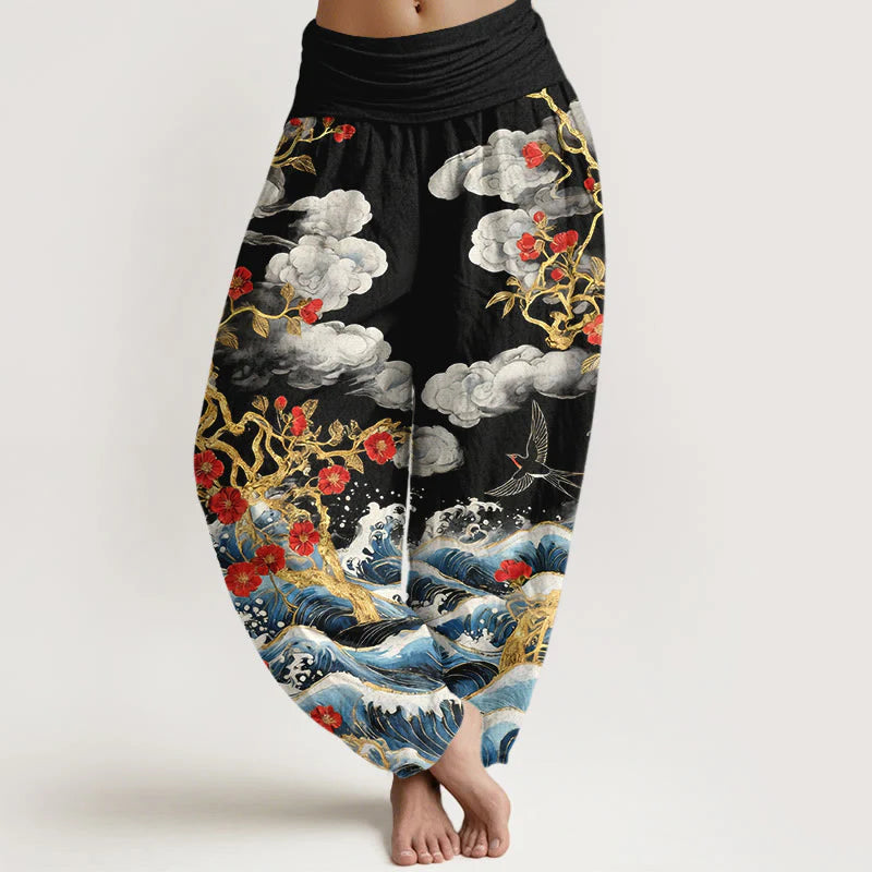 Buddha Stones Pure Cotton Auspicious Clouds Red Blossoms Swallow Ocean Waves Women's Elastic Waist Harem Pants