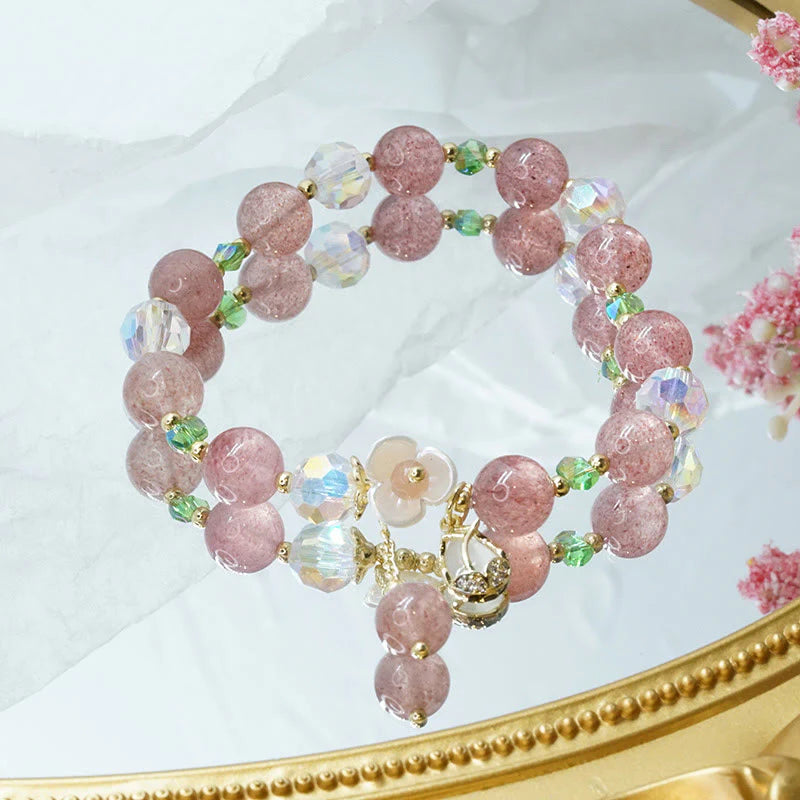 Buddha Stones Strawberry Quartz Rutilated Quartz Fluorite Flower Healing Bracelet