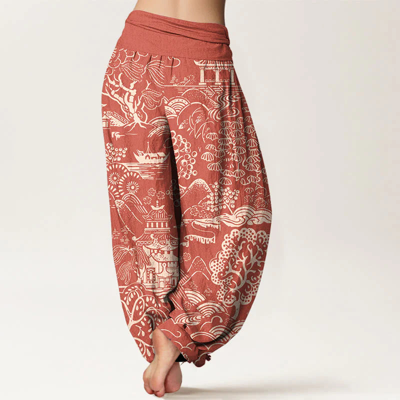 Buddha Stones Cotton Exquisite Tree Building Cloud Pattern Women's Elastic Waist Harem Pants