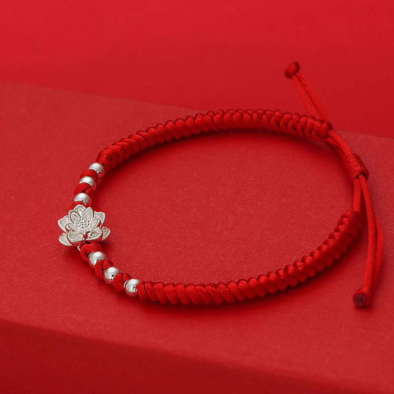 Buddha Stones 999 Sterling Silver Lotus Symbol 990 Sterling Silver Bead Red String Luck Bracelet
