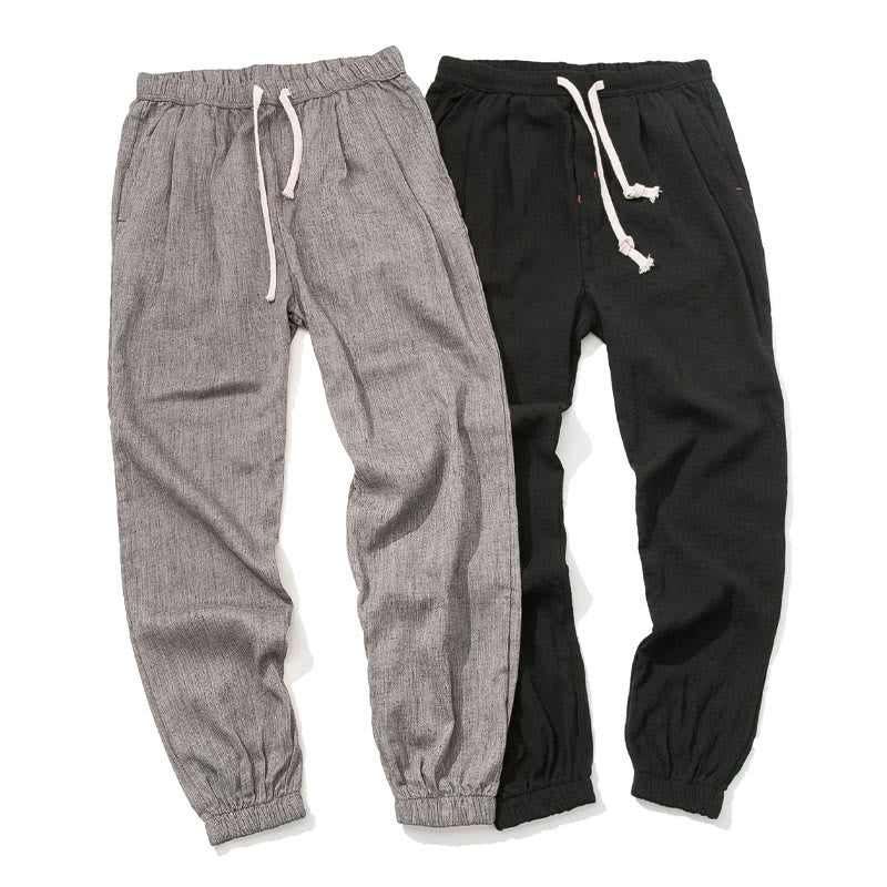 Buddha Stones Simple Drawstring Design Linen Men's Pants With Pockets