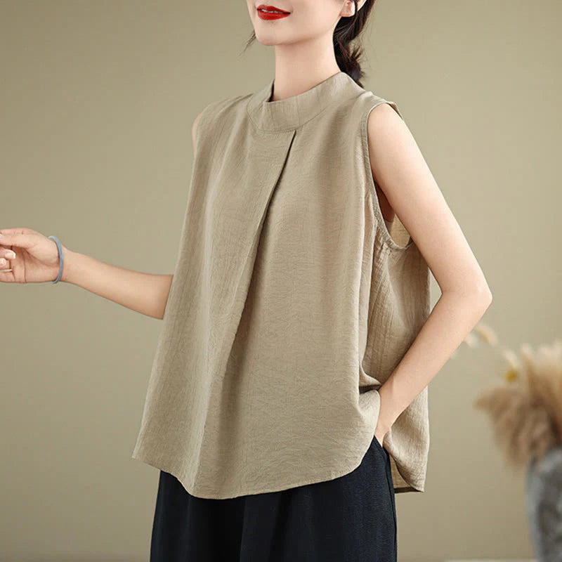Buddha Stones Casual Plain Back Buttom Design Stand Collar Cotton Linen Women's Sleeveless Vest