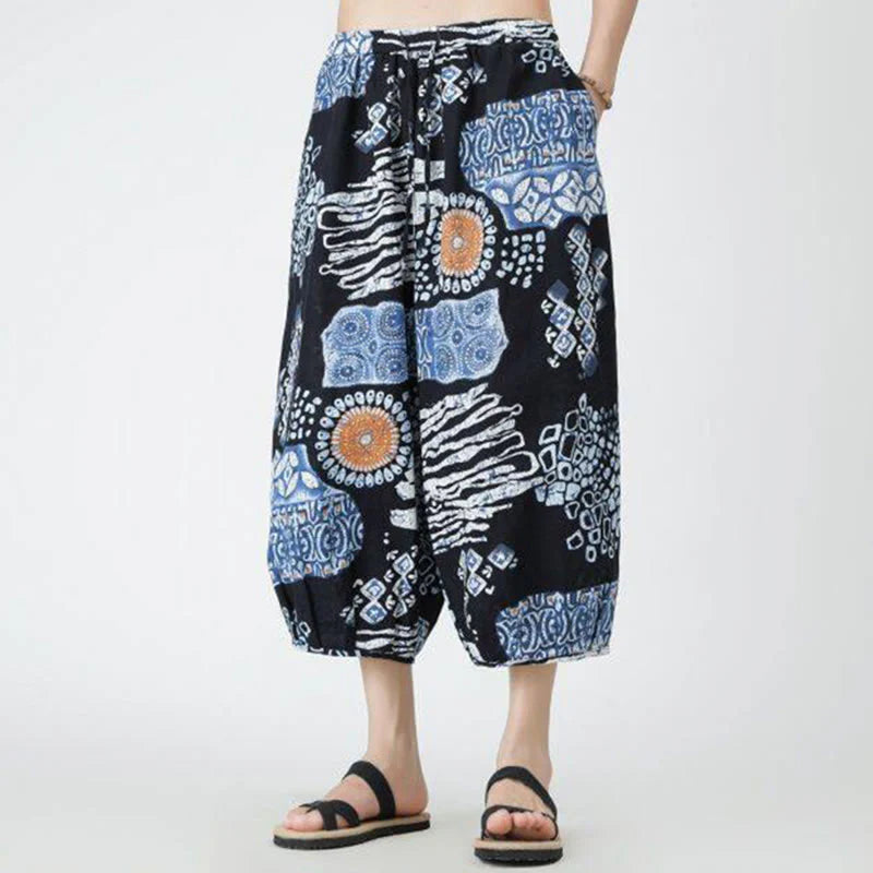 Buddha Stones Summer Square Patchwork Elephant Mandala Geometry Cotton Linen Men's 7-8 Length Pants With Pockets