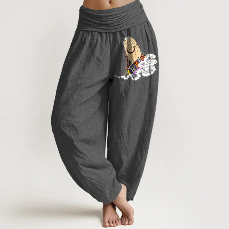 Buddha Stones Pure Cotton Simple Lively Clasped Hands Prayer Beads Clouds Pattern Women's Elastic Waist Harem Pants